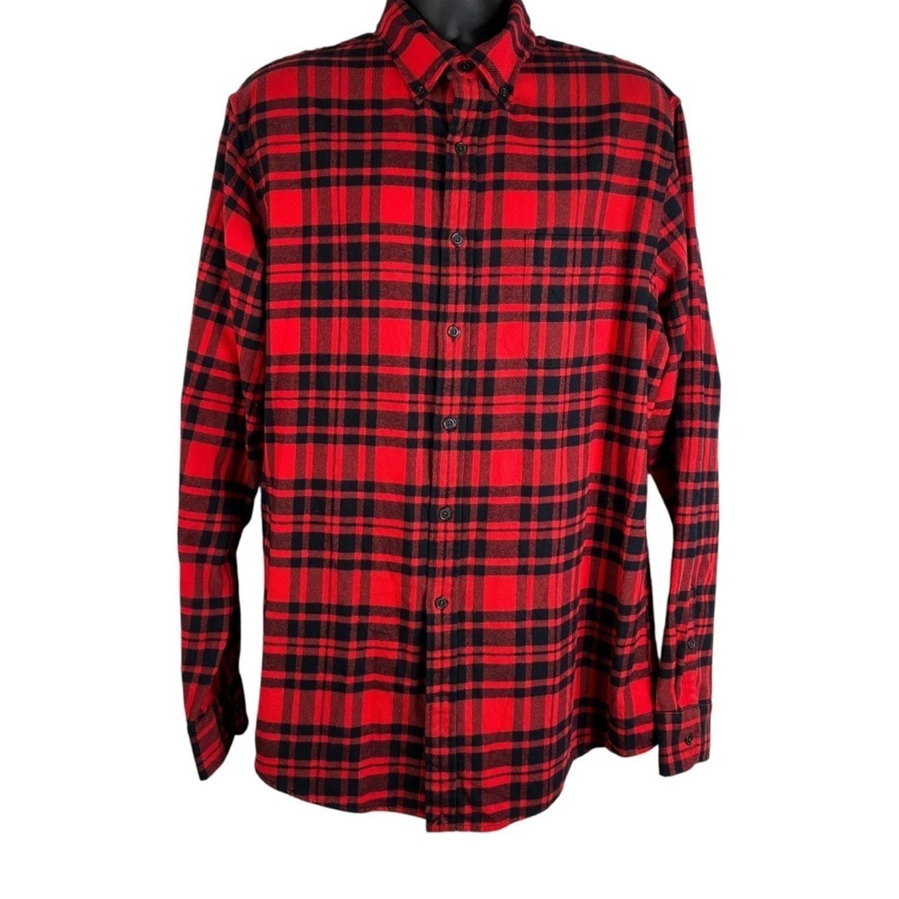 Land's End Men's Sz XL Tall Traditional Fit Red Black Plaid Flannel Button Up - Picture 2 of 11
